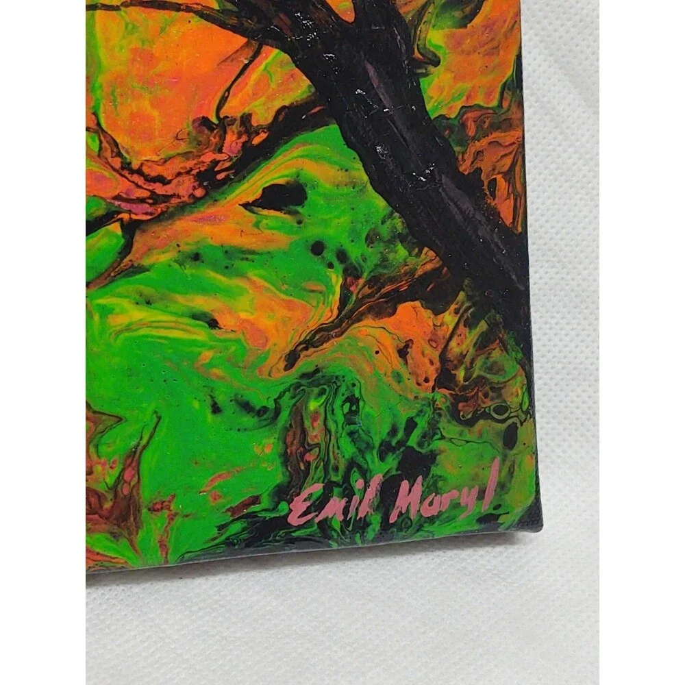 Emil Maryl Original Acrylic on Canvas Modern Abstract Painting 9x9 Black Green