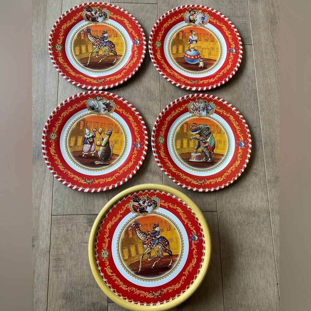 Restoration Hardware Circus Animals 4 Tin Plates Set Tin & Lid Whimsical