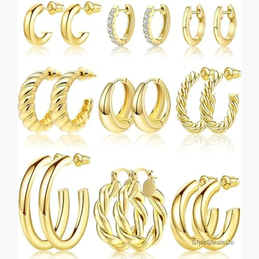 9 Pairs Gold Hoop Earrings Set 14K Plated Lightweight Huggie Hoops