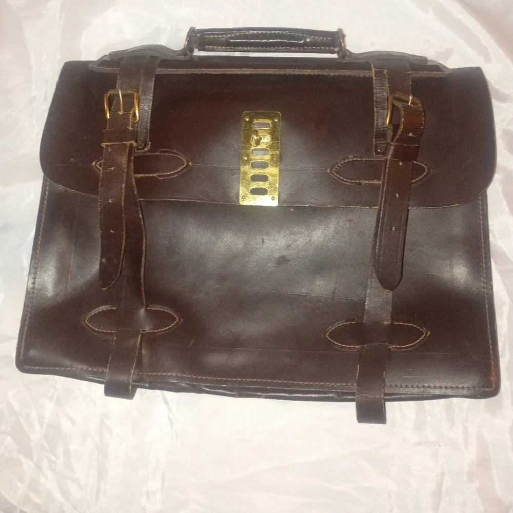 Vintage US Government Type VIII Leather Briefcase Navigation Document Bag Brass