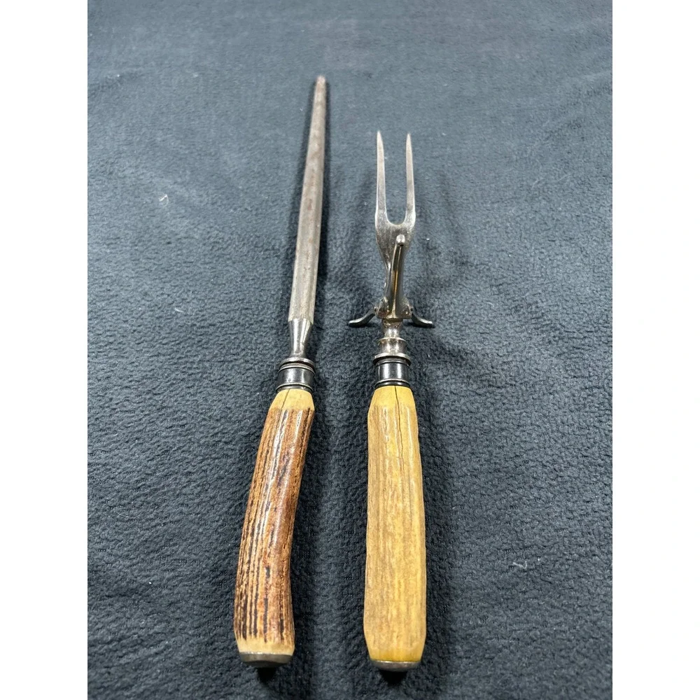 Vintage Anton Wingen 2 Piece Meat Carving Set Solingen Germany Stag Horn Handles