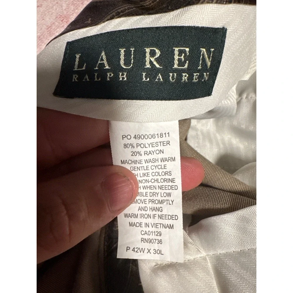 Lauren Ralph Lauren Men Pleated Dress Pants Khaki Polyester Rayon Size 42x30