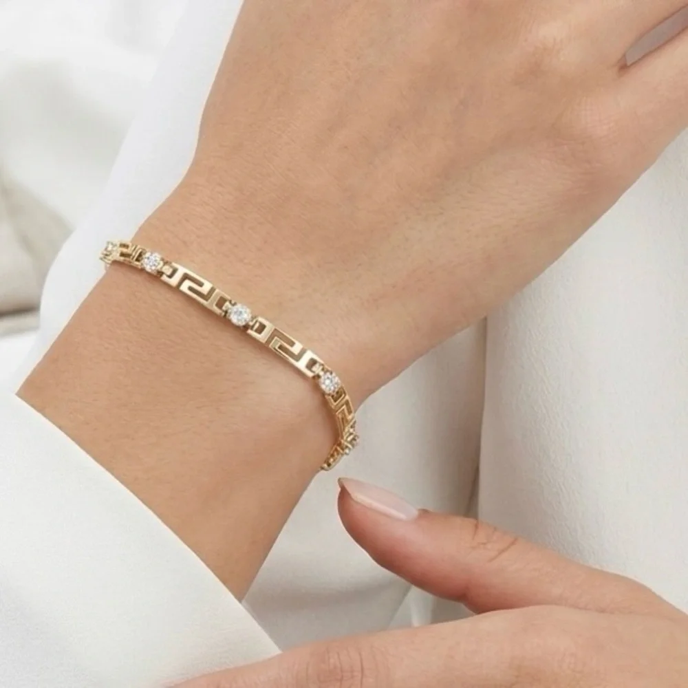 14k Gold Plated Greek Key Meander Bracelet with Cubic Zirconia Stones