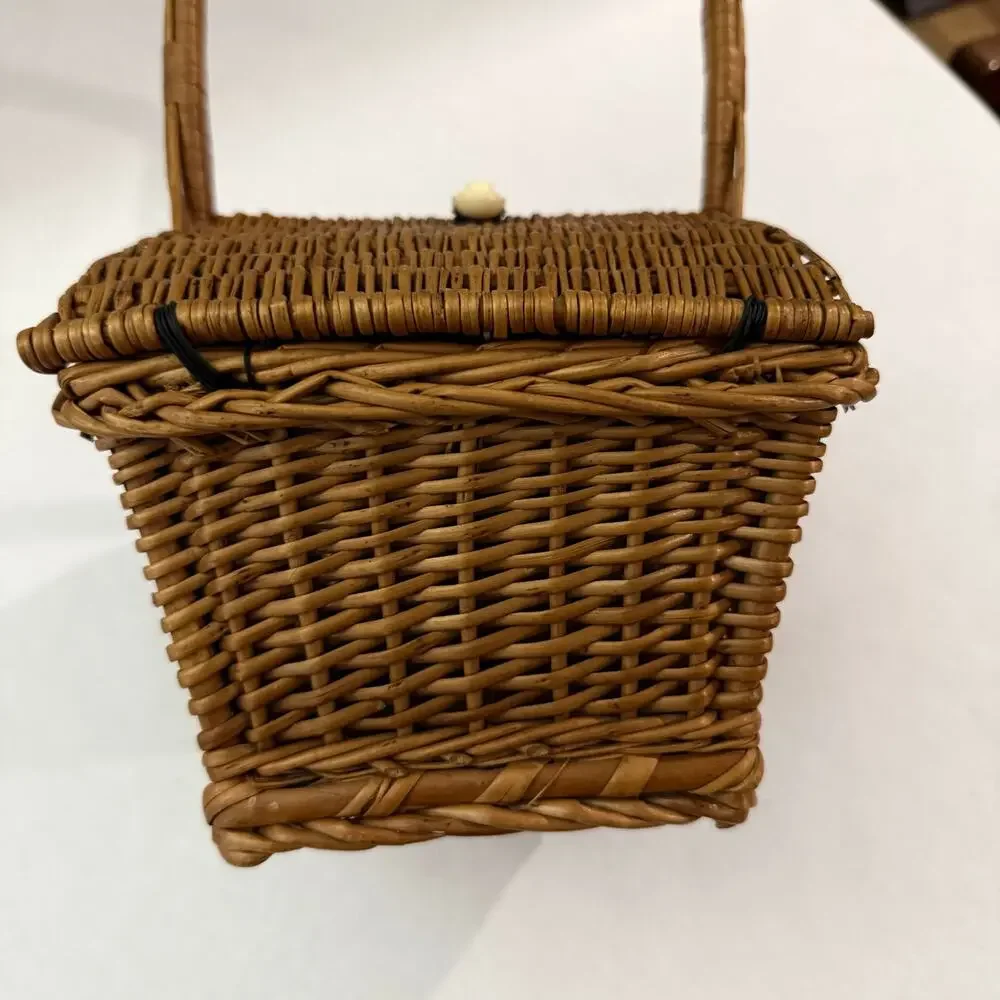 Wicker Basket Sewing Double Hinged Lid Bead Cord Tie Closure 10 x 12
