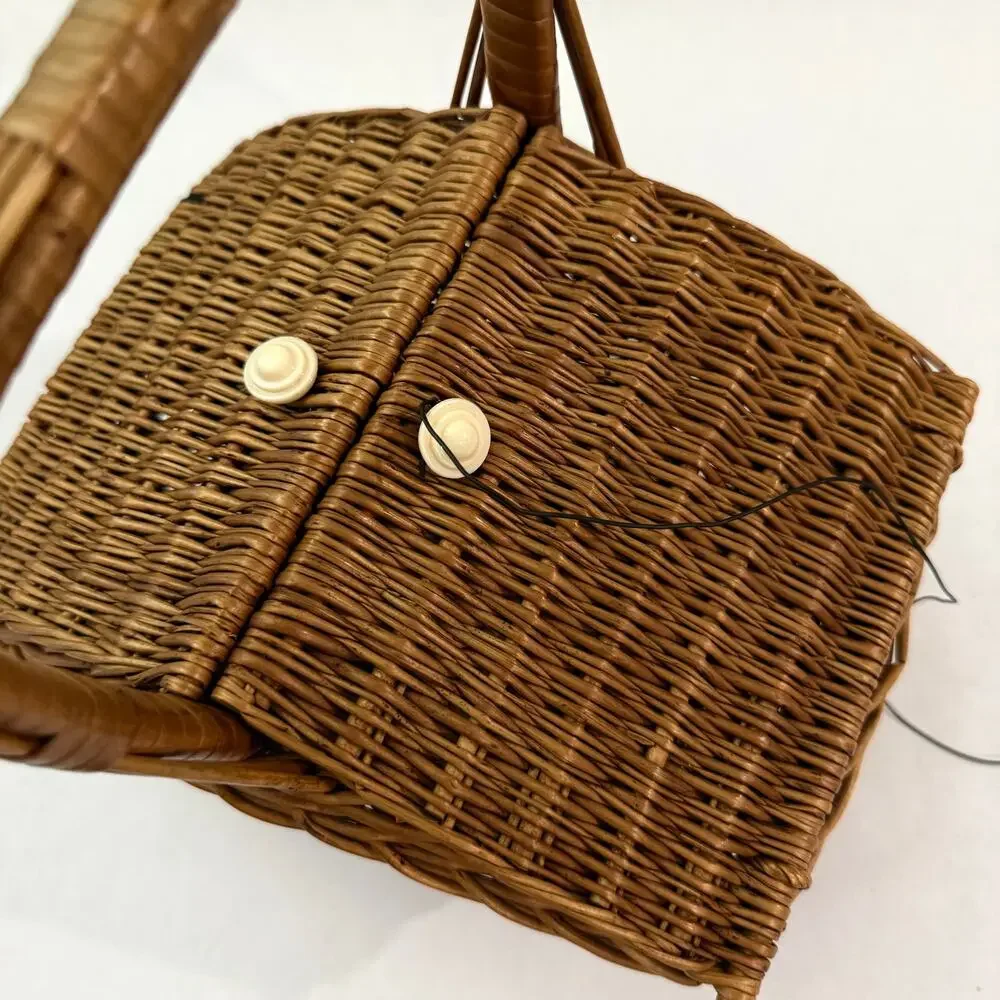 Wicker Basket Sewing Double Hinged Lid Bead Cord Tie Closure 10 x 12
