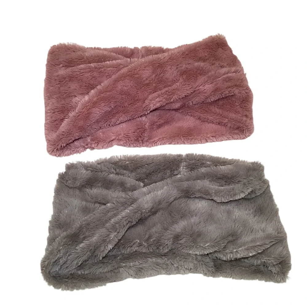 Set of 2 Faux Fur Infinity Scarves Twisted Neck Warmer Pink Gray Plush Winter