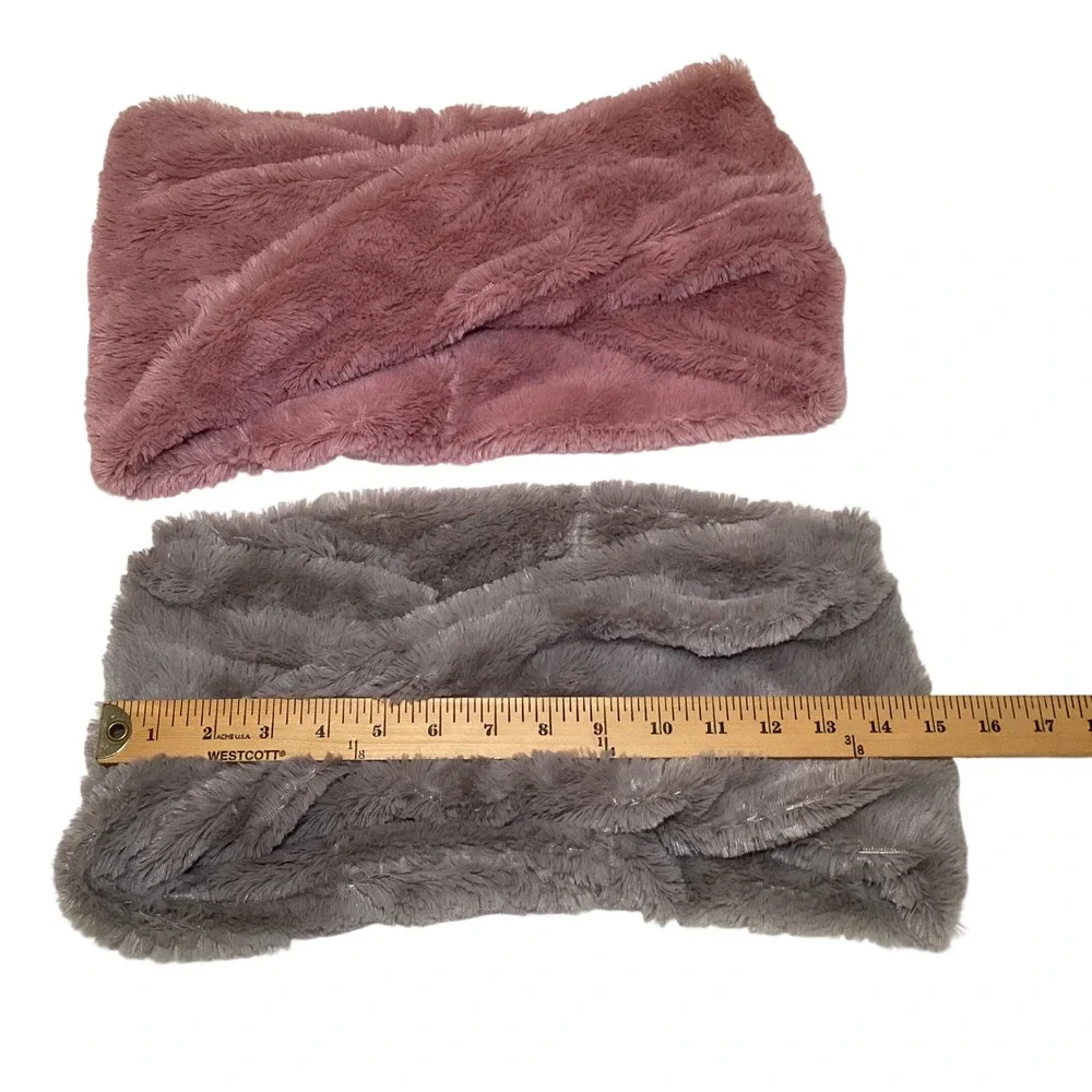 Set of 2 Faux Fur Infinity Scarves Twisted Neck Warmer Pink Gray Plush Winter