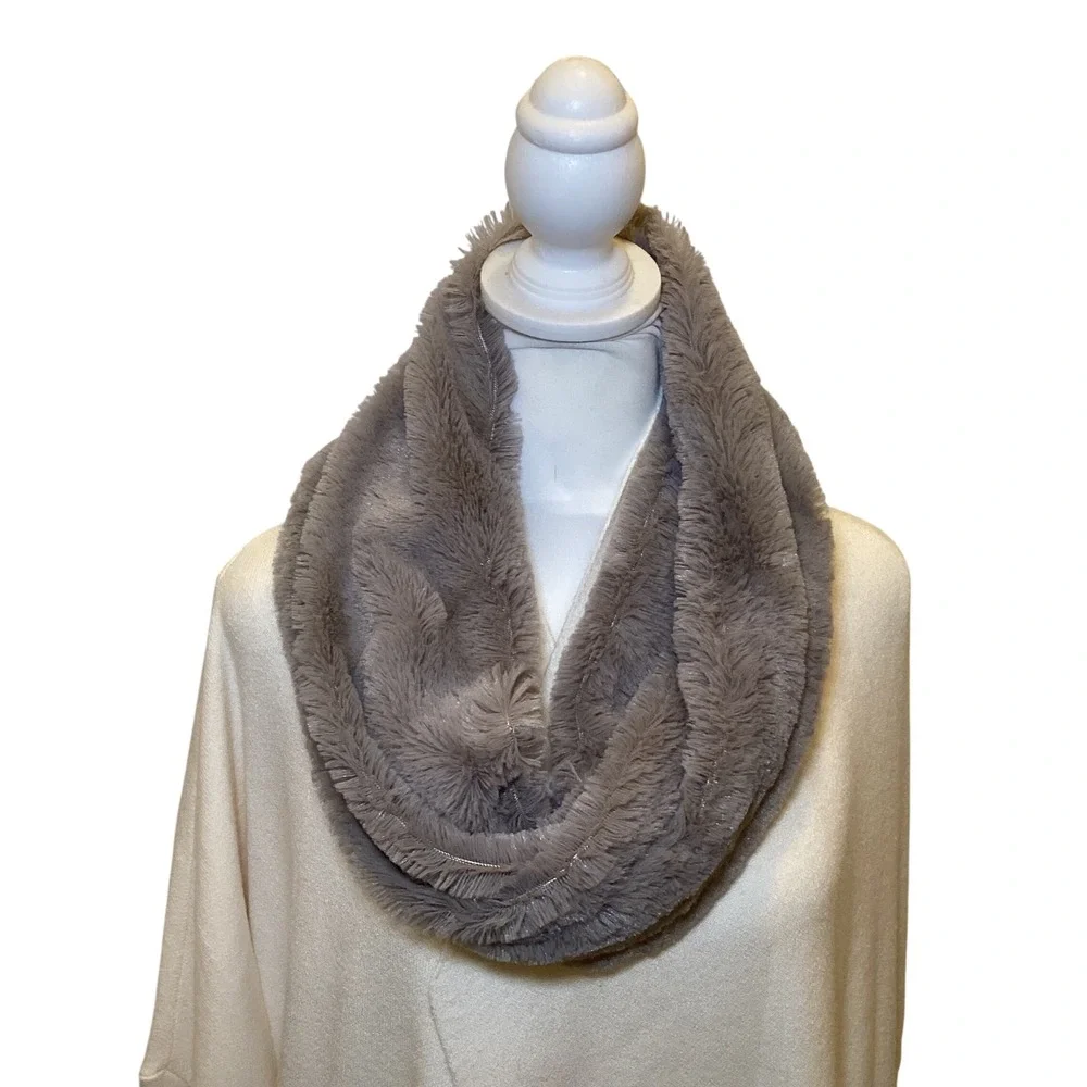 Set of 2 Faux Fur Infinity Scarves Twisted Neck Warmer Pink Gray Plush Winter