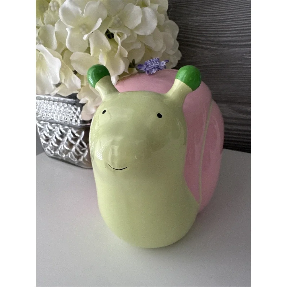 Whimsical Ceramic Snail Piggy Bank Pink & Green Nursery Decor Coin Bank 6