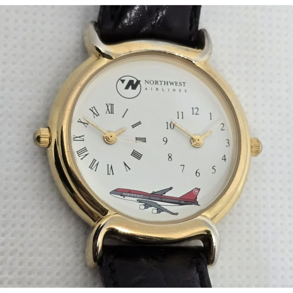 Unisex Northwest Airlines Dual Time Zone Gold Tone Black Leather Strap Watch 13