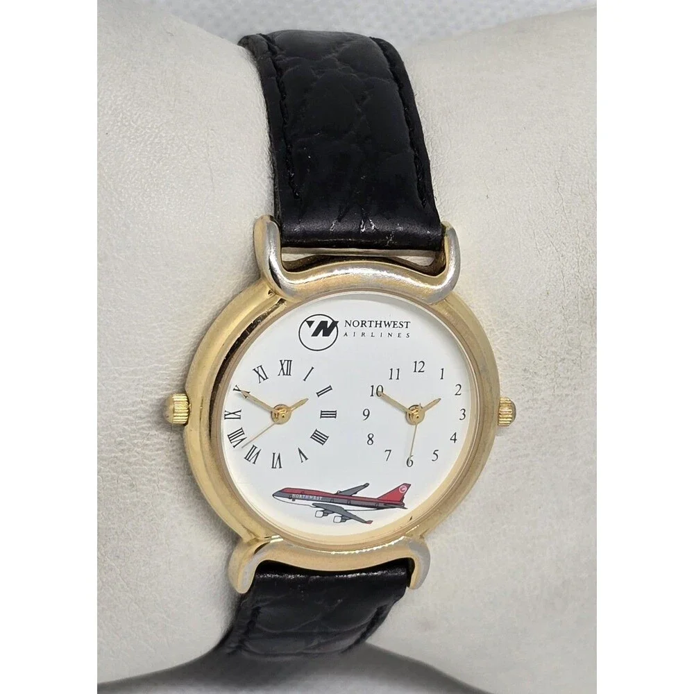 Unisex Northwest Airlines Dual Time Zone Gold Tone Black Leather Strap Watch 13
