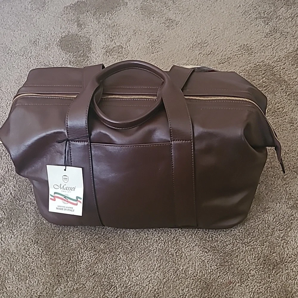 Massi Stil Dark Brown Leather Duffel Bag, Classic Travel Weekender Italian Made.
