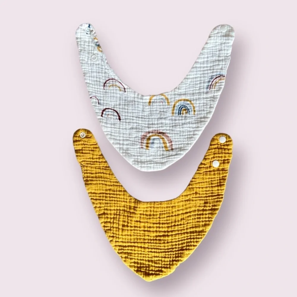 Set of 2 Double Gauze Bandana Bibs in Mustard and Neutral Rainbow Print