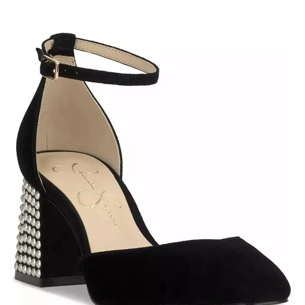 Jessica Simpson Women's Block Heel studded Pearl Accents Size 7.5 Wide Black