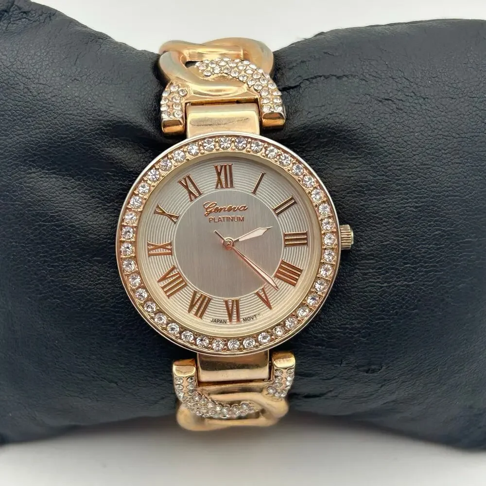 Geneva Platinum Women's Rose Gold Tone Crystal Accents Cuff Band Watch