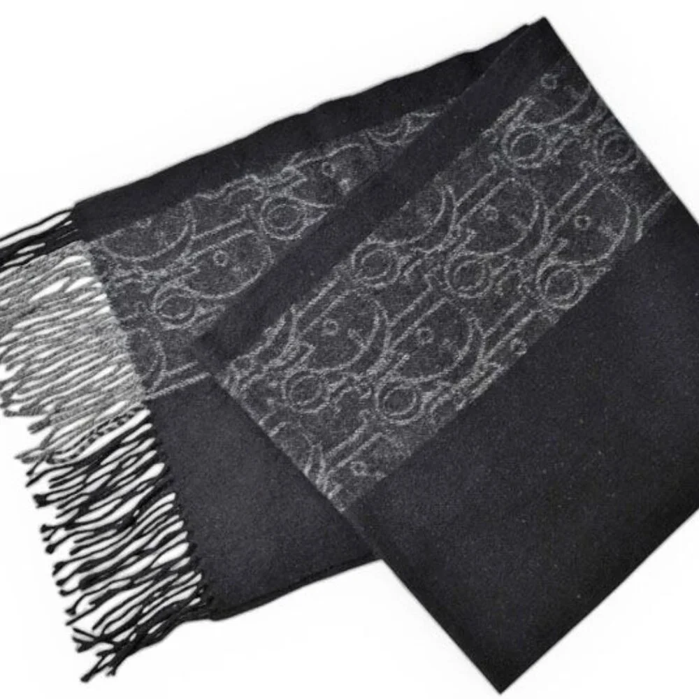 Dior Scarf Winter Wool Cashmere Logo Trotter Black Gray