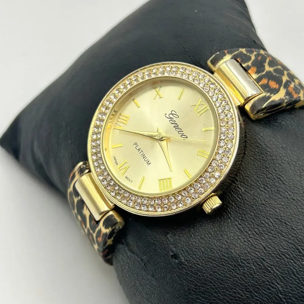 Geneva Platinum Women's Leopard Print Bangle Cuff Fashion Watch New Battery