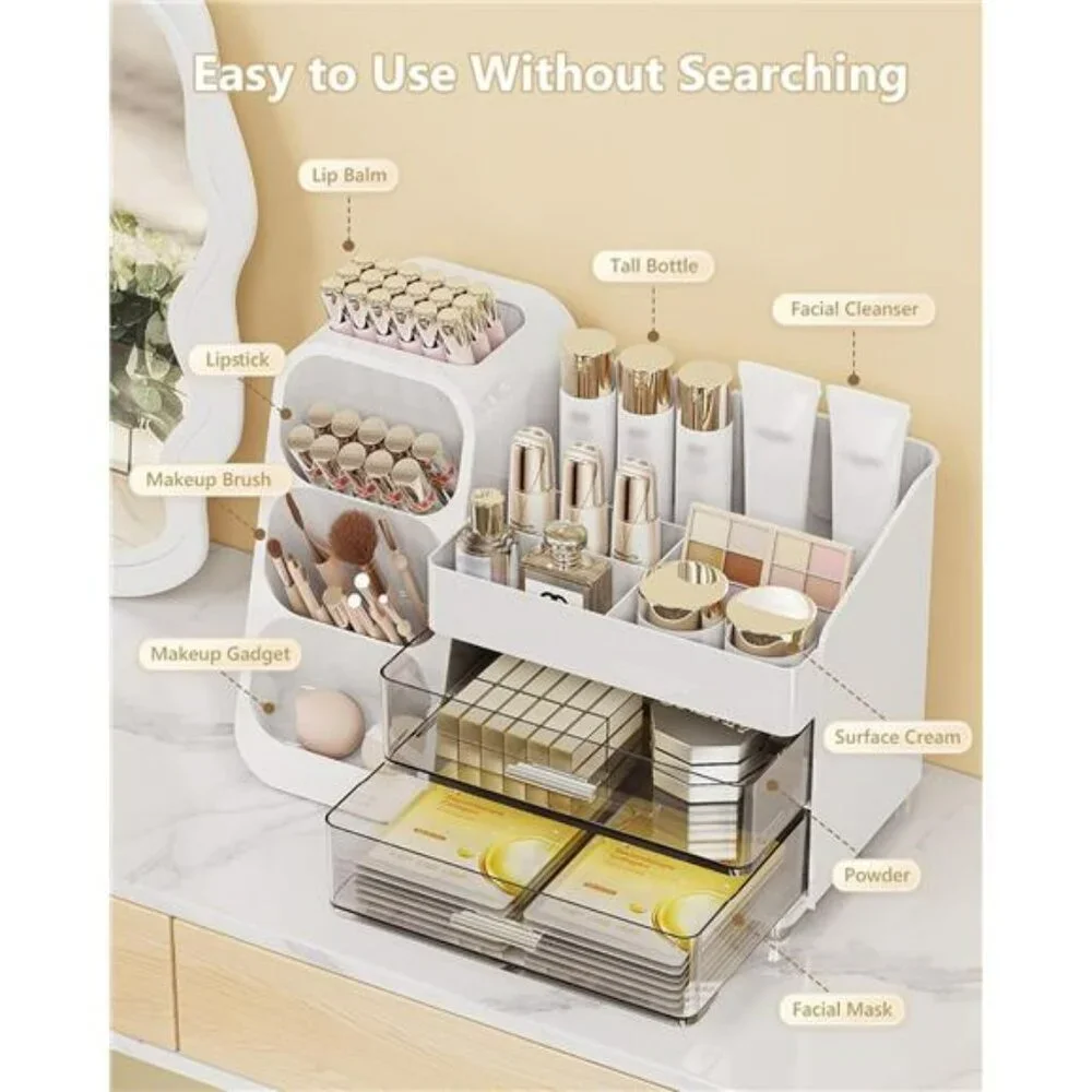 Large Makeup Organizer with Drawers Vanity Skincare Storage Box White