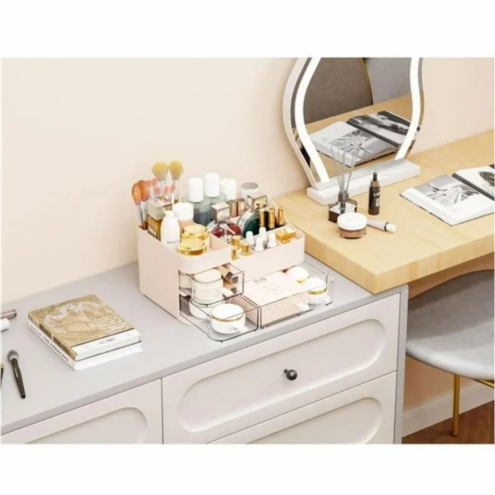 Pink Makeup Organizer with Drawers Large Skincare Vanity Storage Box
