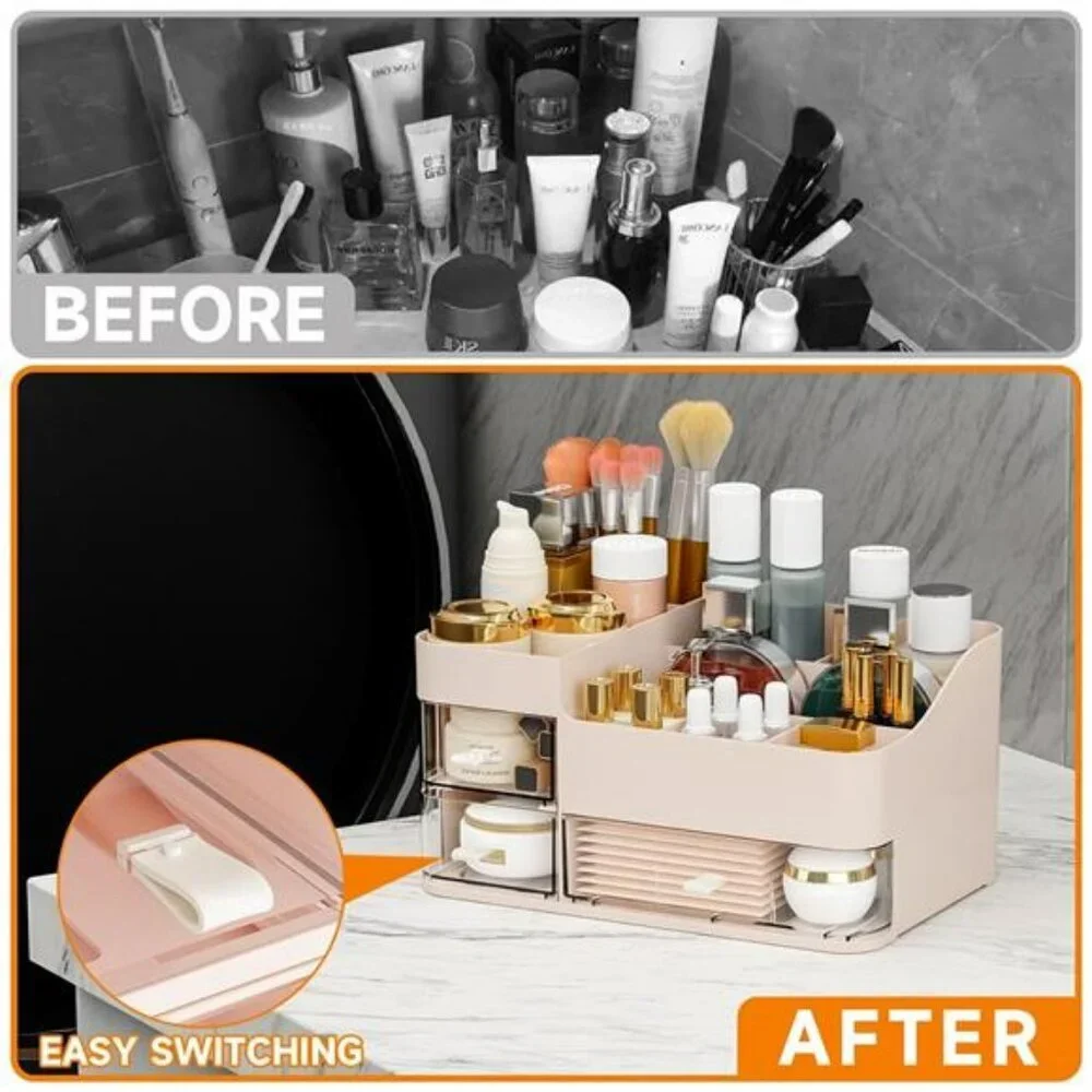 Pink Makeup Organizer with Drawers Large Skincare Vanity Storage Box