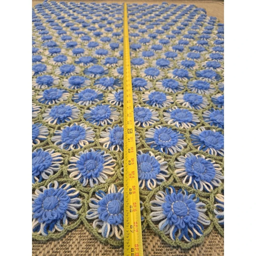 Vtg Hand Crocheted Granny Raised Floral Afghan Blanket Blue Green Large Throw