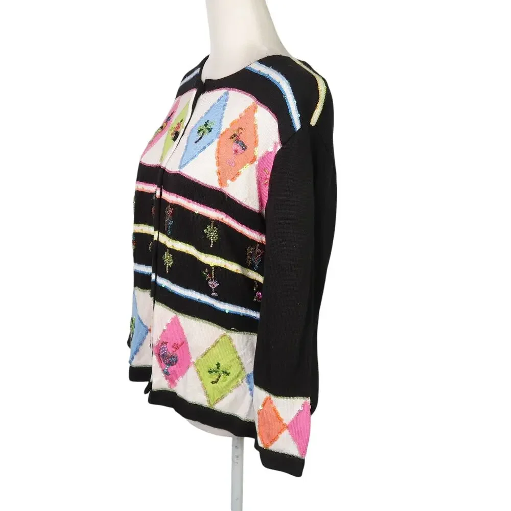 Vintage 90s Just B Black Diamond Cocktail Drink Beaded Cardigan Sweater L