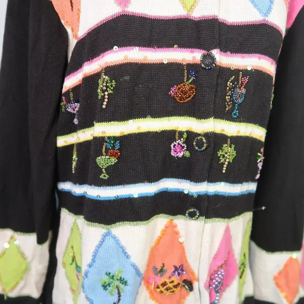 Vintage 90s Just B Black Diamond Cocktail Drink Beaded Cardigan Sweater L