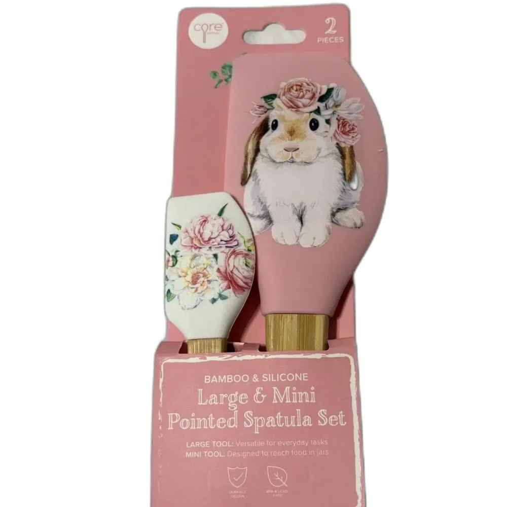 Easter Pink Bamboo Silicon Pointed Spatula 2 pc Set Large and Mini Rabbit Floral