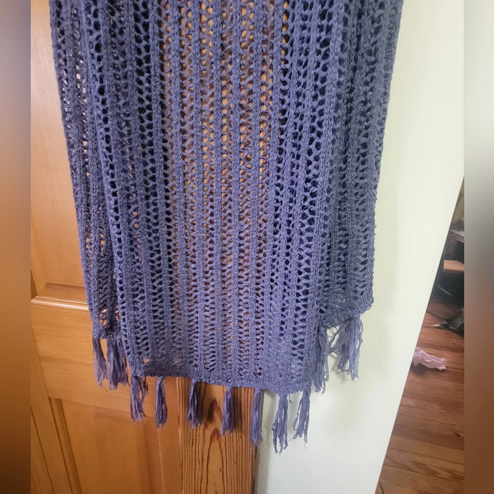 Girls Justice Long Crochet Knit Fringe Open-Front Vest Cardigan Dusty Blue 8/10
