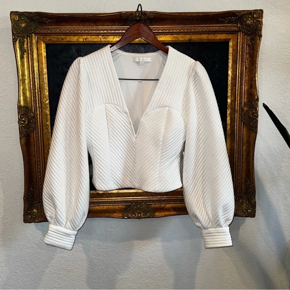 Eri + Ali Anthropologie White Bustier Low Cut Cropped Blouse with Puff Sleeves M