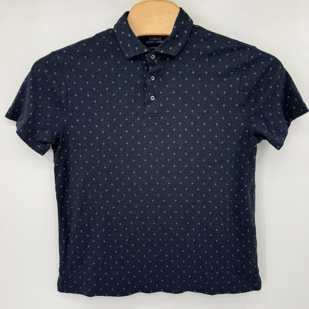 Polo Ralph Lauren Polo Shirt Mens L Navy Blue Diamond Print Custom Slim Fit