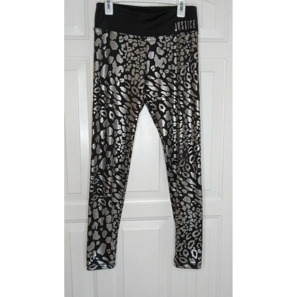 Girl's Justice Active Sport Leggings Size 14 Black Silver Leopard Print Pants