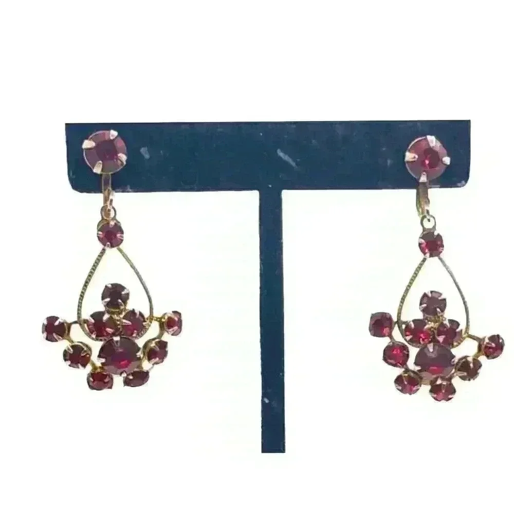 Earrings Cherry Red Long Dangle cluster Rhinestone Vintage Screw Chandelier