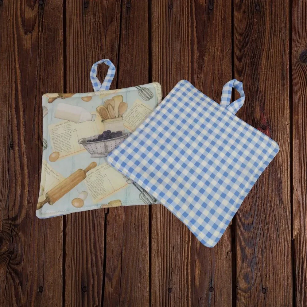 Handmade Potholder, Set of 2, Reversible Baking and Blue Gingham Hot Pads