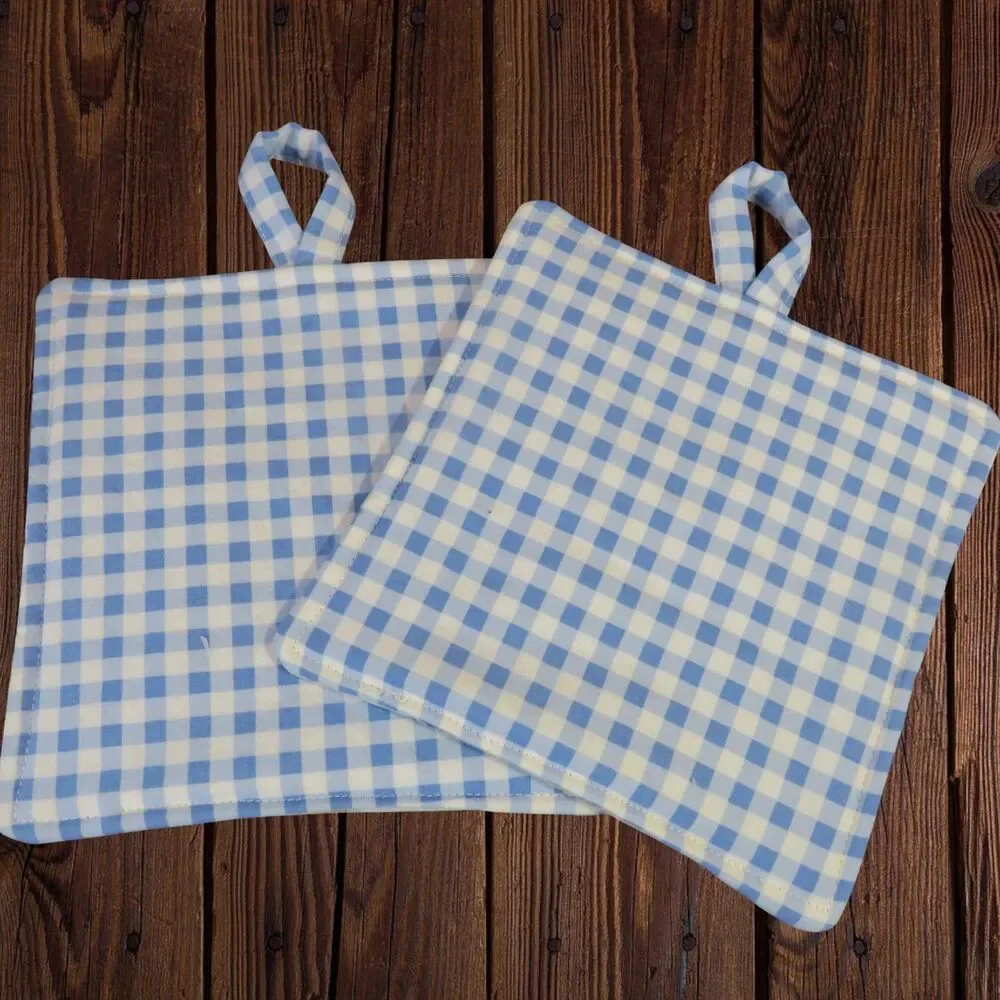 Handmade Potholder, Set of 2, Reversible Baking and Blue Gingham Hot Pads