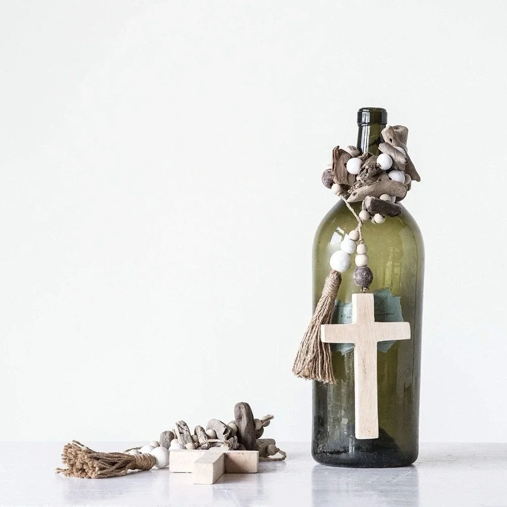 Creative Co-Op Bead & Abaca Cross Wood Garland, Multicolor