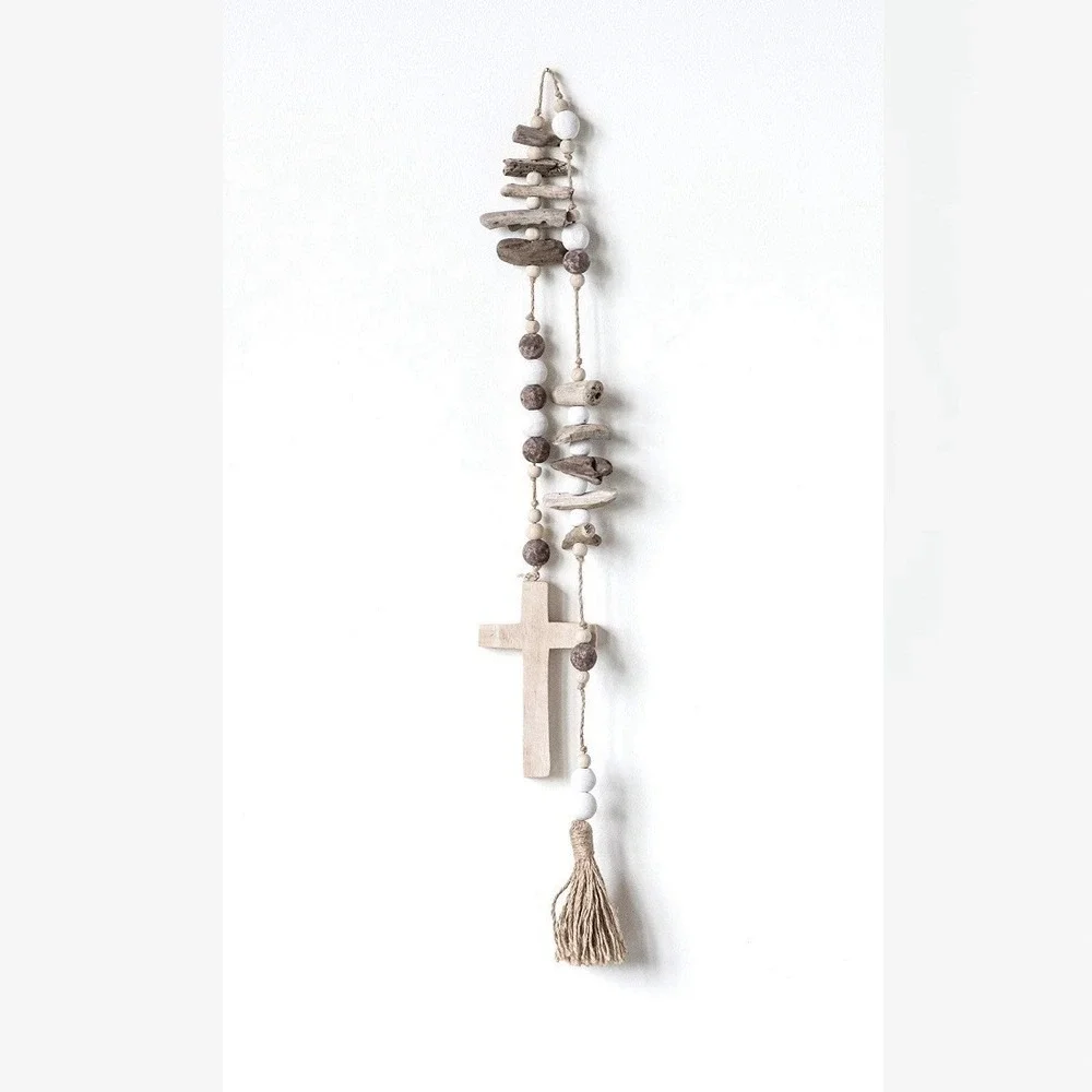 Creative Co-Op Bead & Abaca Cross Wood Garland, Multicolor