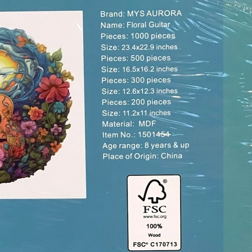 MYS AURORA Floral Guitar 200 Piece Wooden Jigsaw Puzzle 1501454 New Sealed