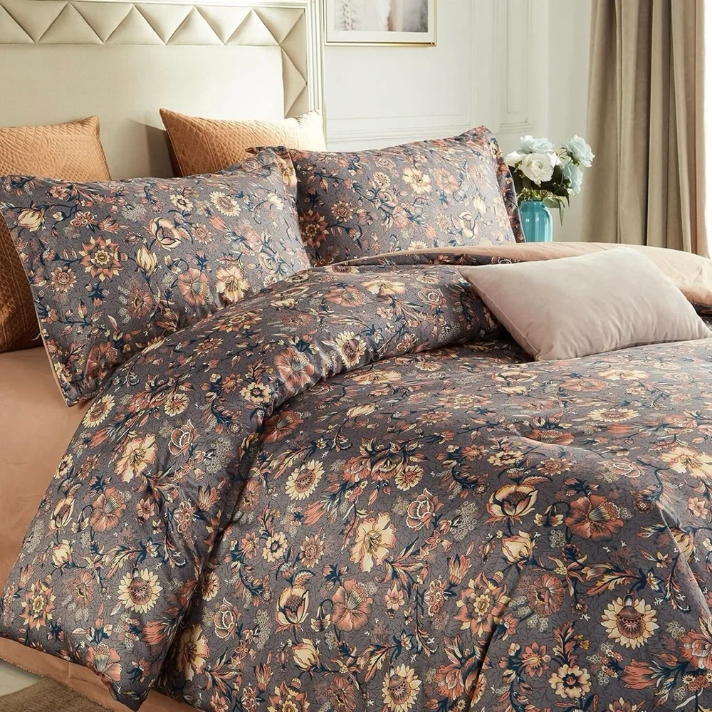 NEW Anthropologie Purple Floral Boho Queen / King Comforter Bedding & Sham Set