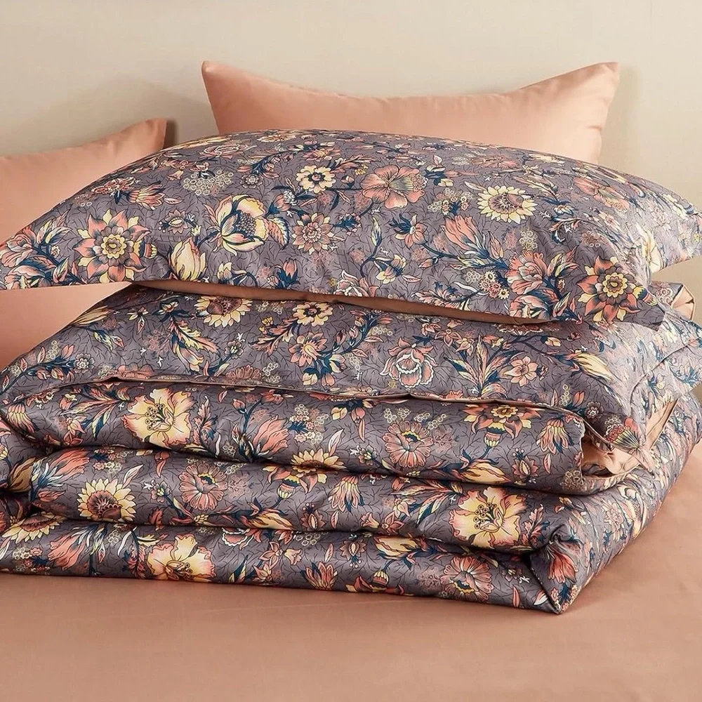NEW Anthropologie Purple Floral Boho Queen / King Comforter Bedding & Sham Set