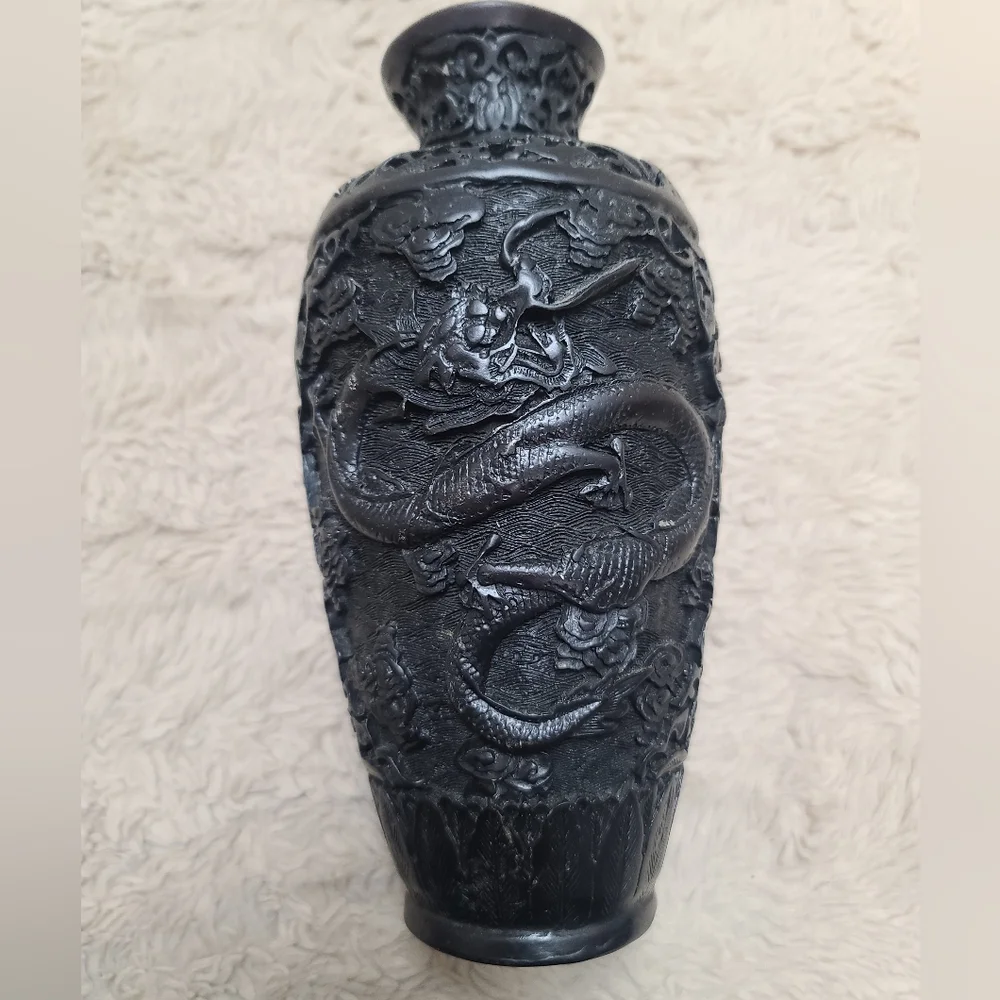 Vintage Chinese Black Embossed Double Dragon Cinnabar Style Decorative Vase