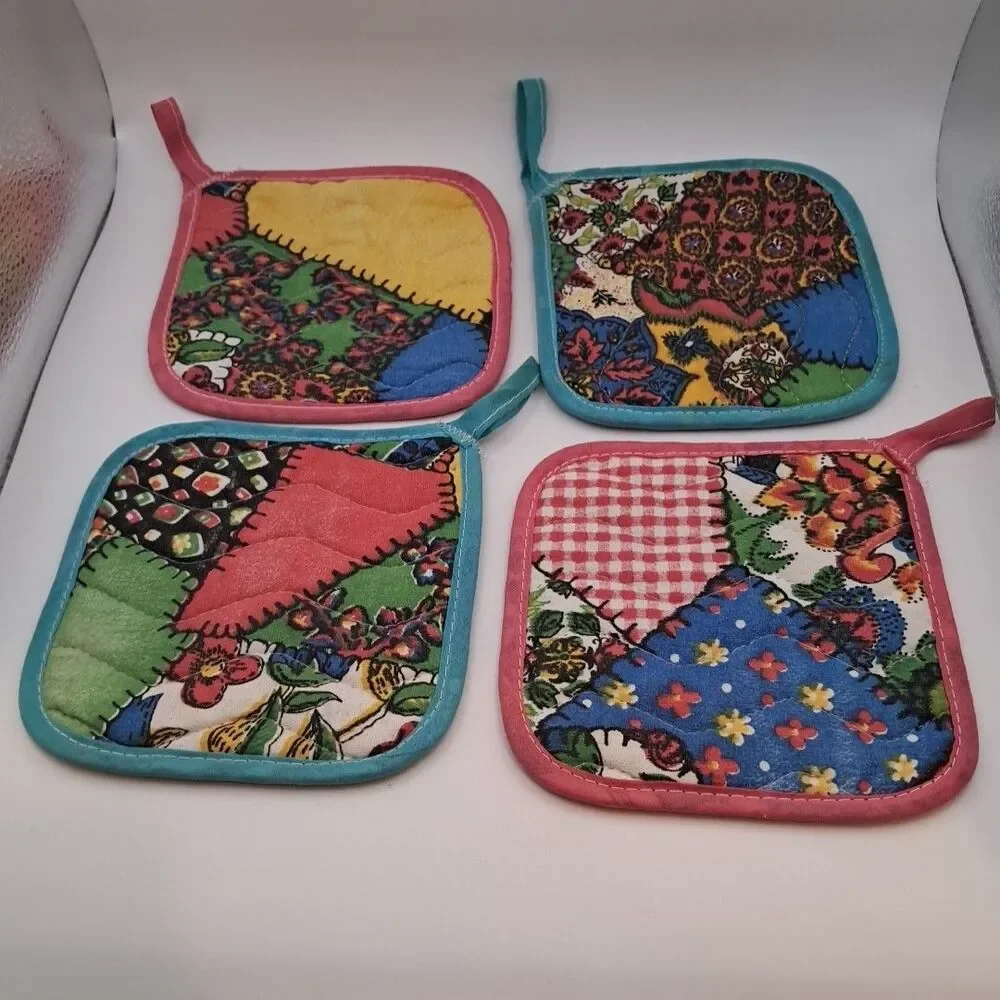 Set Of 4 Quilted Colorful Teal Aqua Pink Pot Holders Advertising Knoxville TN