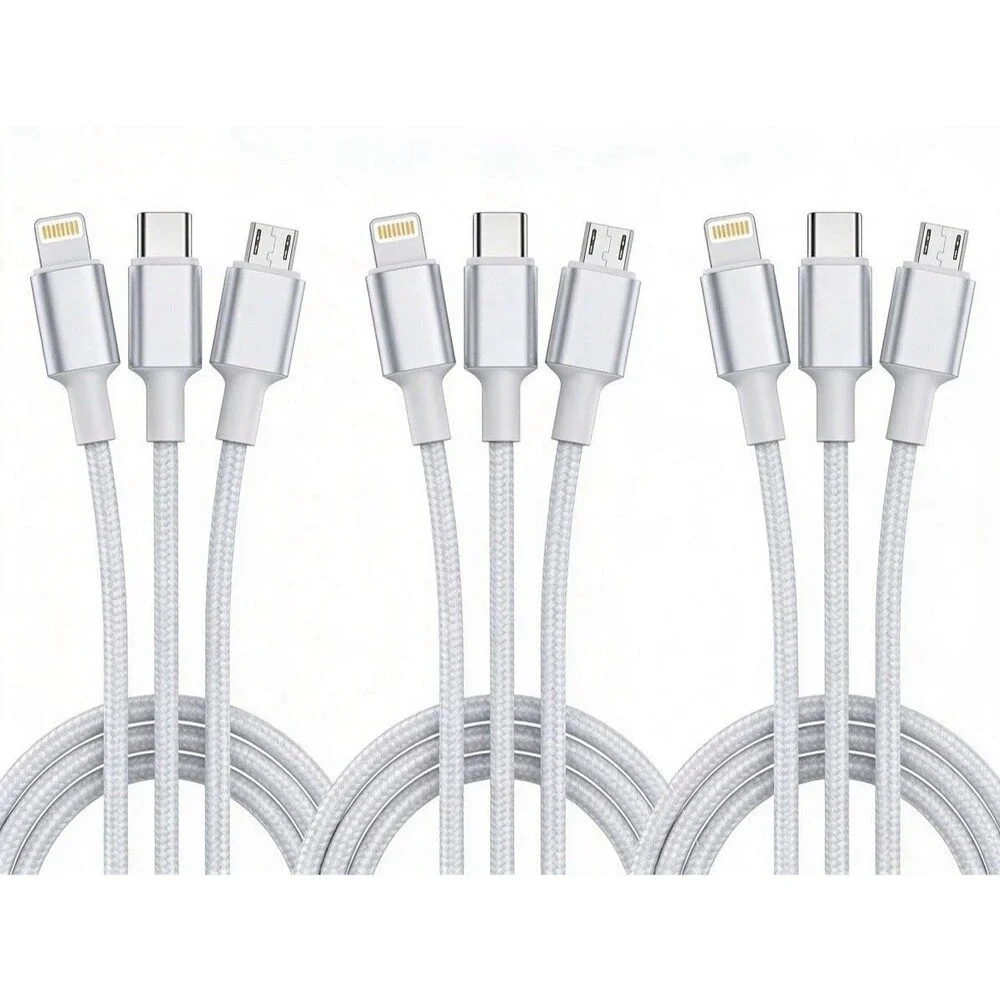 3 Pack 3-in-1 Charging Cable USB-C Micro USB Fast Charger