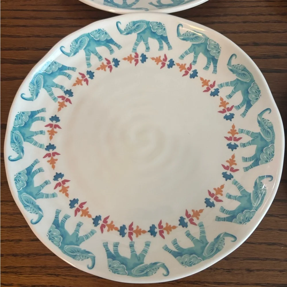 Chico's Teal and Coral Elephant Dinner Plates melamine set 4