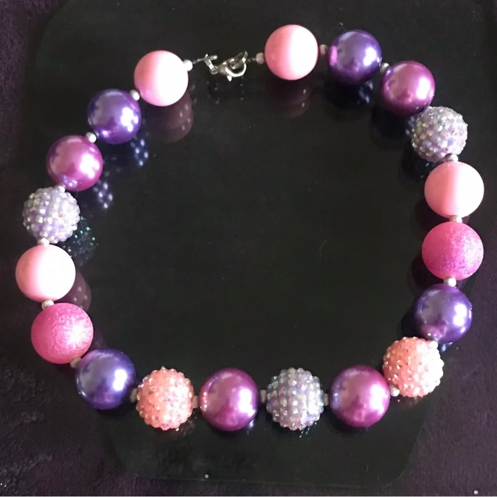 Girls Pink & Purple Beaded Statement Necklace