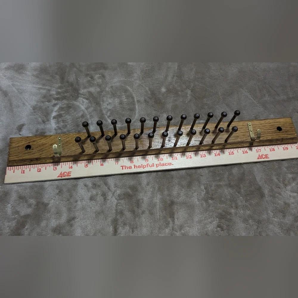 Vintage Wooden Tie Rack wood Pegs & Brass Hooks Jewelry Display