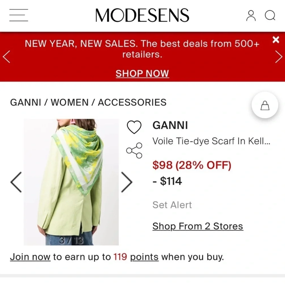 NWT Ganni Tie-dye Voile Scarf organic cotton green and yellow