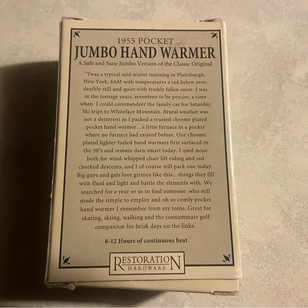 Restoration Hardware Silver and Cream 1955 Pocket Jumbo Hand Warmer Box