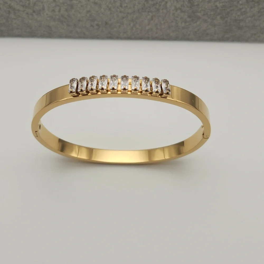 18K Gold Plated Geometric Rectangle Zircon Stone Bangle Bracelet