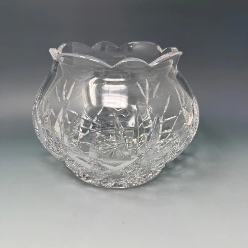 Vintage Cut Crystal Scalloped Edge Rose Bowl Vase Clear Glass Floral Decor